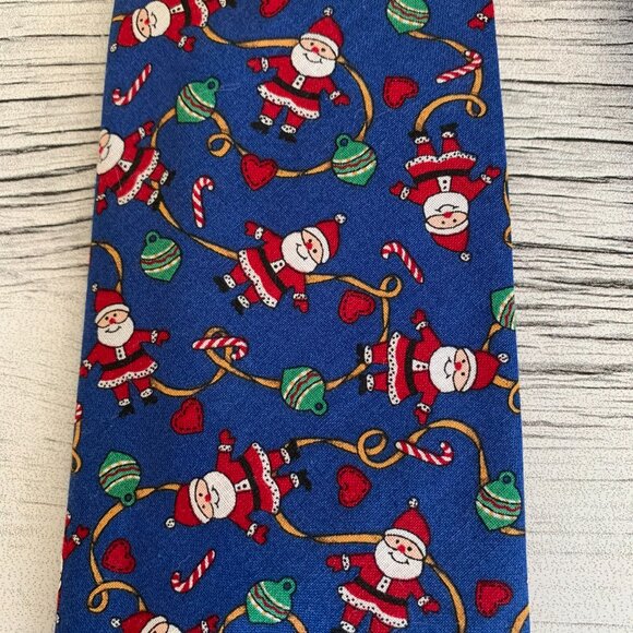 Vintage Christmas Tie Blue Red Santa Xmas Classic Necktie Handmade Vintage 80s - Picture 2 of 8